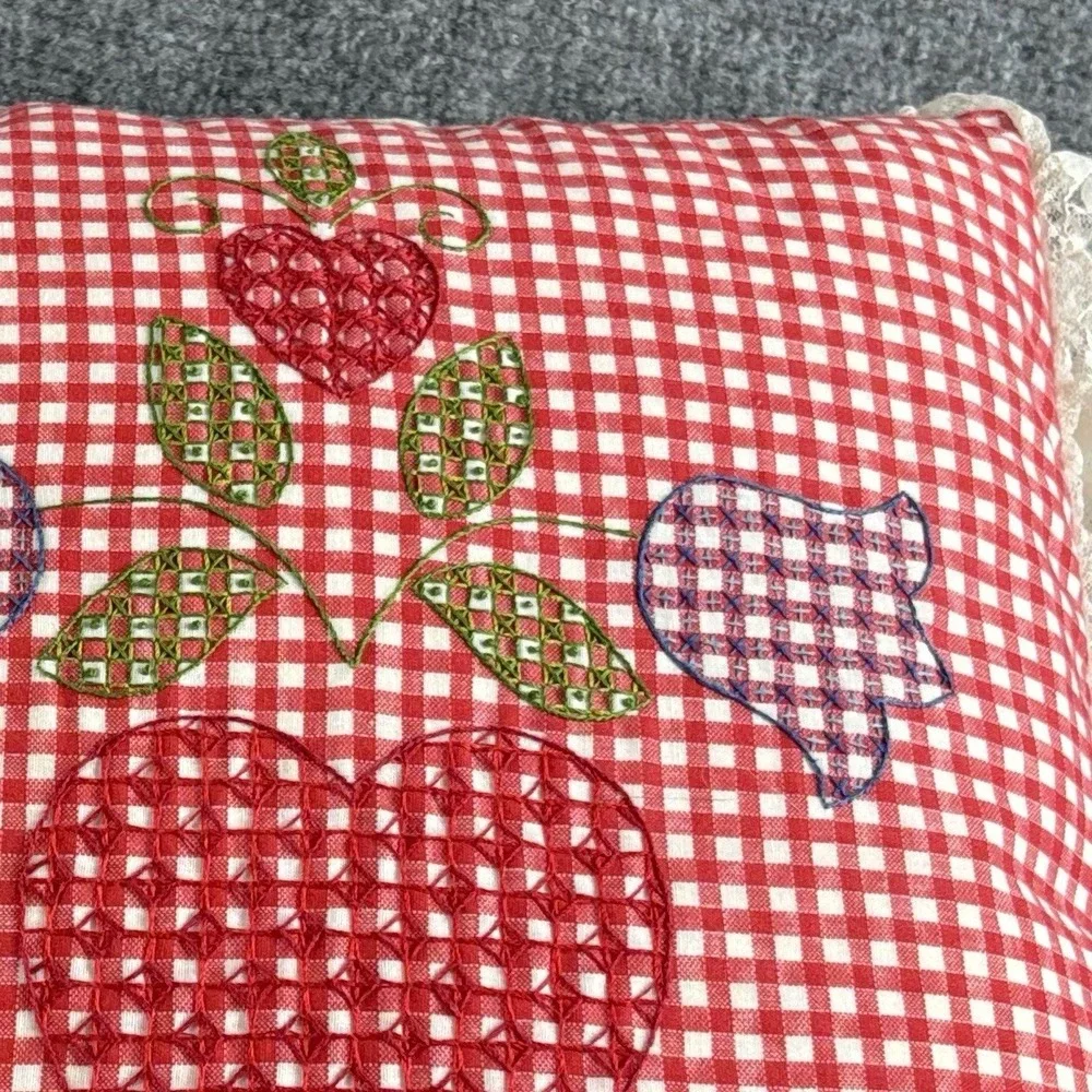 VTG 80s Handmade Pillow Red Gingham Heart Floral Embroidered‎ Lace Trim Folk Art